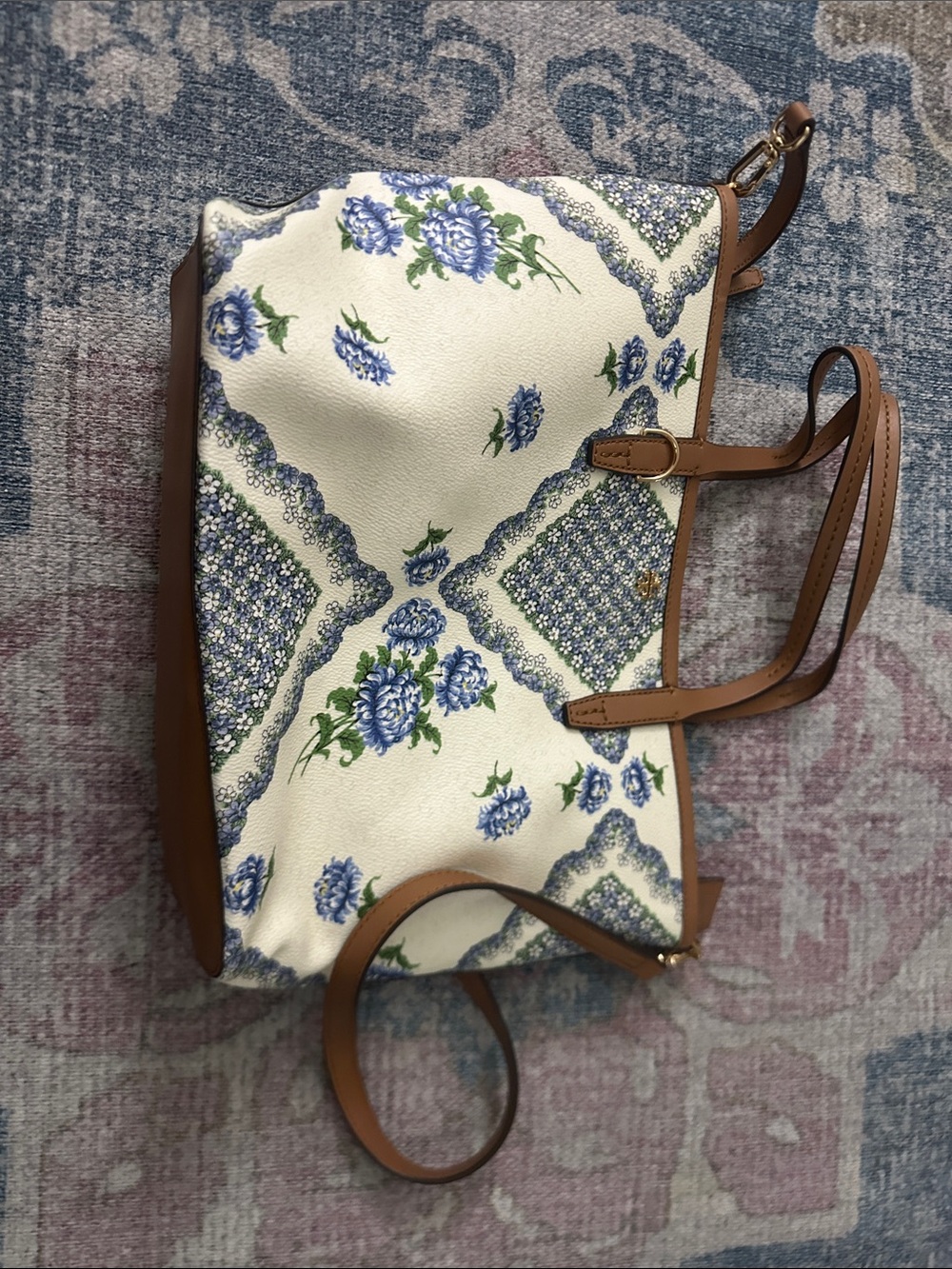 Tory Burch Cream Tote with Blue Floral Print and Brown Trim